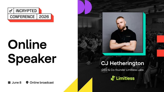 The image is a poster for an online conference, featuring a man with crossed arms next to a green triangle. The title of the conference is "Incrusted Conference 2026", and the speakers include CJ Hetherington and Limitations Labs CEO.