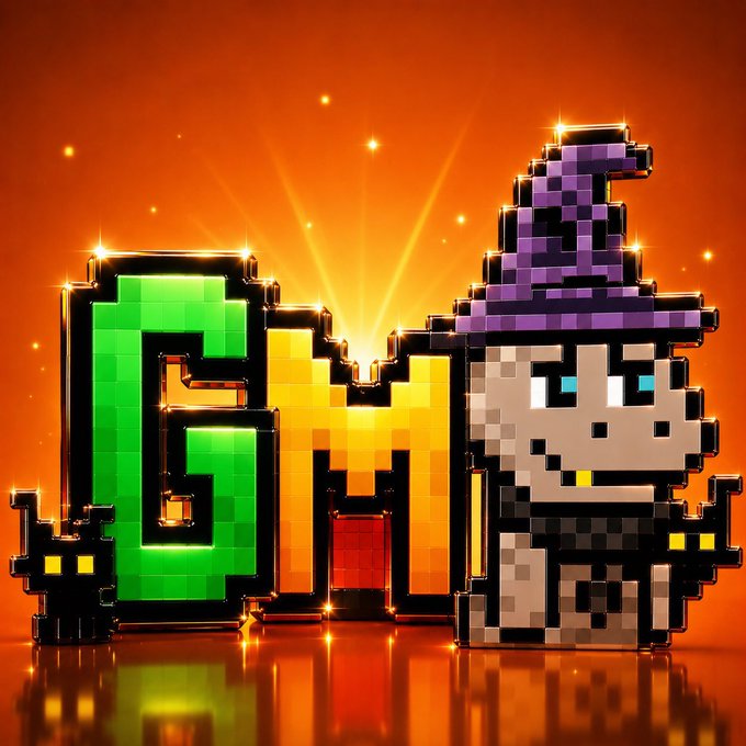 A pixel-art style graphic featuring a green 'G', a yellow 'M', and a character wearing a purple wizard hat against an orange background.