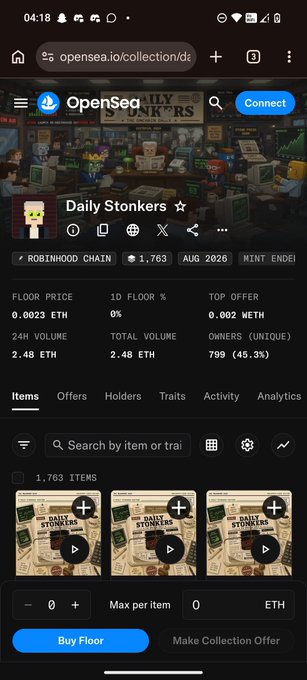 A mobile screenshot of the OpenSea NFT marketplace displaying the 'Daily Stonkers' collection page, showing a floor price of 0.0023 ETH and items for sale on the Robinhood Chain.