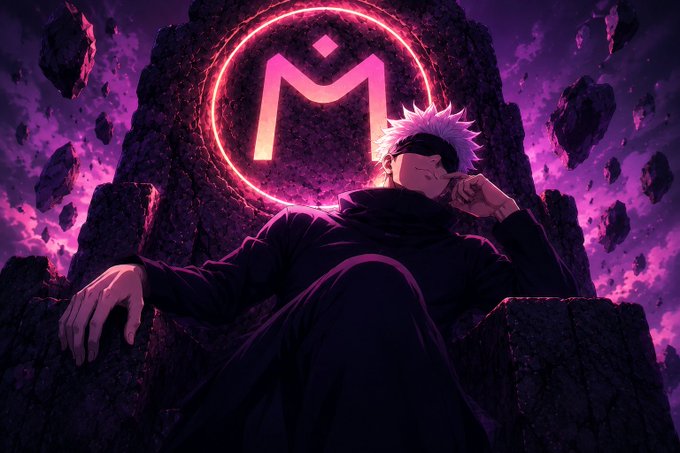 An anime-style illustration shows a white-haired character in dark robes reclining on a rocky throne with a glowing red "M" symbol behind them, evoking a godlike or dominant presence. The post draws a parallel to this imagery, framing MANTRA ($MANTRA) as a powerful entity whose TVL and price metrics are about to diverge—suggesting one metric is misleading investors, much like the imposing figure appearing regal but potentially deceptive.