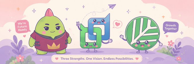 A colorful illustration with three cartoon characters representing different strengths: a green character saying "We're Future Ready," a blue character with a heart, and a round character with a leaf saying "Growth Together," with the tagline "Three Strengths. One Vision. Endless Possibilities."