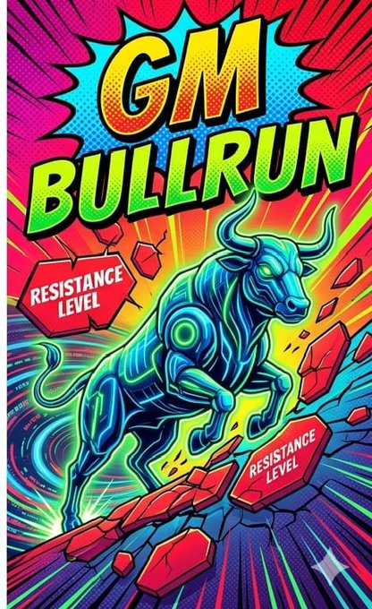 A vibrant comic-style graphic featuring a neon blue mechanical bull charging forward, with bold text reading 'GM BULLRUN' and smaller text stating 'RESISTANCE LEVEL' on broken rocks.