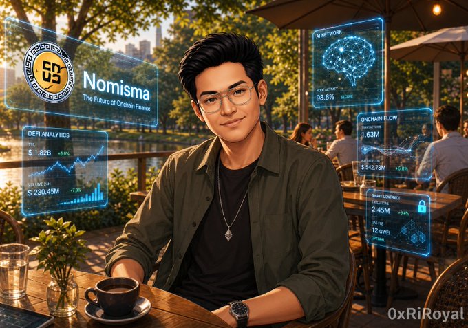 A digital illustration of a young man with glasses sitting at an outdoor café, surrounded by floating holographic panels showing "Nomisma - The Future of Onchain Finance" with DeFi analytics, AI network, and onchain flow data, watermarked "0xRiRoyal".