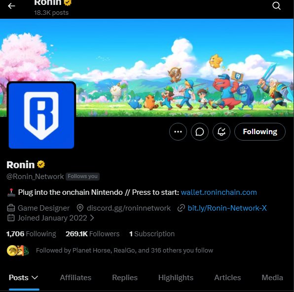 The image shows a Twitter post about Ronin Network, which is a gaming company that focuses on creating games for Nintendo consoles. The post includes a link to the company's website, where users can find more information about their projects or even download their latest game. The post also mentions a gaming designer and a game developer who have been working together on a project called "Press To Start: Wallet. Ronin Network". This collaboration has resulted in a game that is gaining popularity among gamers.