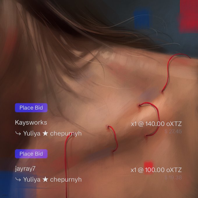 The image displays a digital art interface with two active "Place Bid" buttons against a close-up painting of skin with red threads stitched through it, showing bids from "Kaysworks" at 140.00 oXTZ ($27.45) and "jayray7" at 100.00 oXTZ ($19.38), both for the artwork "will you ever face it?" by Yuliya Chepurnyh as referenced in the live auction post celebrating a new bid.