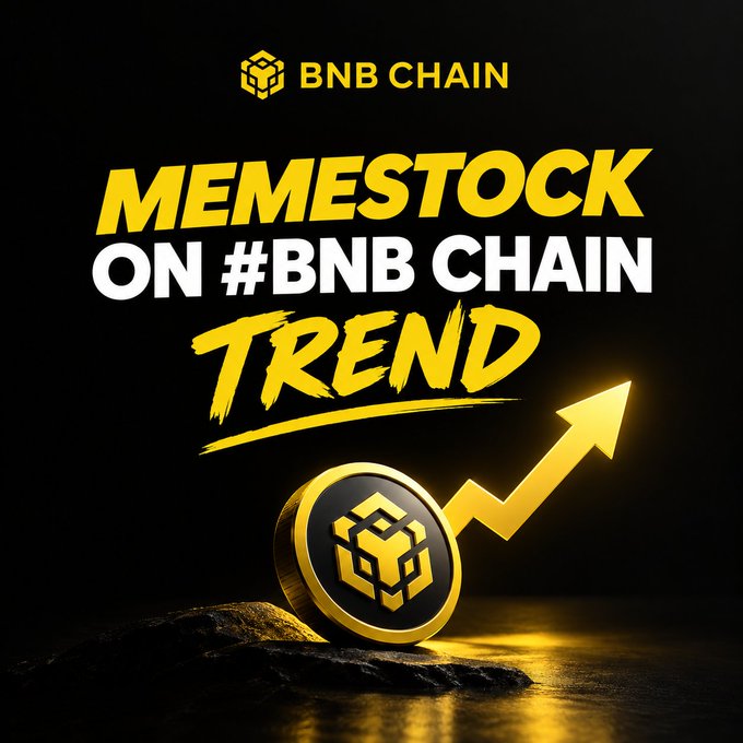 A promotional graphic with the 'BNB CHAIN' logo and text reading 'MEMESTOCK ON #BNB CHAIN TREND', featuring a golden coin and an upward-trending arrow.