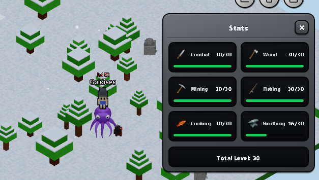 A pixel art game screenshot showing a character named 'Goldiee' with a purple octopus mount in a snowy area, with a stats menu showing Combat 30/30, Wood 30/30, Mining 30/30, Fishing 30/30, Cooking 30/30, Smithing 16/30, and Total Level 30.