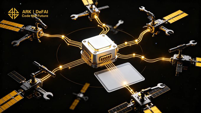 A glowing central chip connects to a network of satellites in space, symbolizing the interconnected AI agent ecosystem. The text "ARK | DeFAI Code the Future" appears in the upper left, reinforcing the post's message about Arkie AI App linking AI agents across tasks, workflows, and Web3 within ARK.