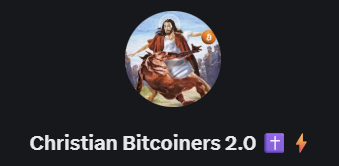 A logo for 'Christian Bitcoiners 2.0' featuring a circular illustration of Jesus riding a horse with a Bitcoin symbol.