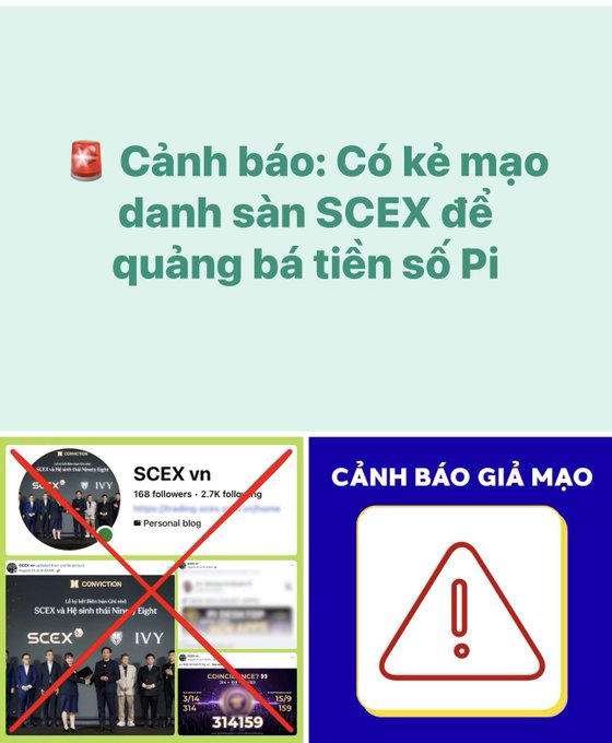 A Vietnamese scam warning notice titled 'Cảnh báo: Có kẻ mạo danh sàn SCEX để quảng bá tiền số Pi' showing fake SCEX social media accounts crossed out with a red X, alongside a red warning sign reading 'CẢNH BÁO GIẢ MẠO'.