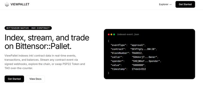 A website screenshot for ViewPallet, an explorer for Bittensor's Native (ink!) contract, with the headline 'Index, stream, and trade on Bittensor::Pallet' alongside a code snippet showing an indexed-event.json example.