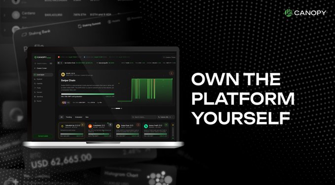 A promotional image for Canopy featuring a laptop displaying a trading dashboard, with the bold text 'OWN THE PLATFORM YOURSELF' on a dark dotted background.