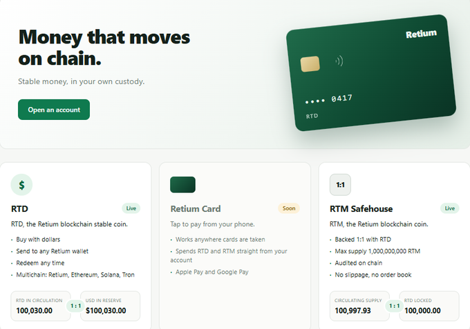 A promotional webpage for Return blockchain stablecoins features a green 'Retlum' branded card and details three products: RTD stablecoin (Live, with $100,030.00 in circulation), Retlum Card (Soon, for tap-to-pay with Apple Pay and Google Pay), and RTM Safehouse (Live, backed 1:1 with RTD, max supply 1,000,000,000 RTM).