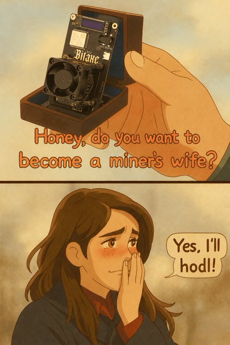 A two-panel illustration with the top showing a hand offering a ring box containing a Bitcoin mining device with text 'Honey, do you want to become a miner's wife?' and the bottom panel showing a blushing woman responding 'Yes, I'll hodl!'