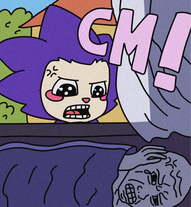 The image shows a worried-looking purple-haired cartoon character with tears in their eyes, grimacing and gripping a dark surface, while a crushed, battered face appears below them, accompanied by the large pink text "CM!"—fitting the "chog morning" greeting from the post.