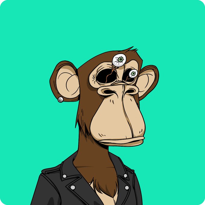 A cartoon illustration of a brown monkey character with two eyes on its forehead, wearing a black leather jacket against a solid green background.