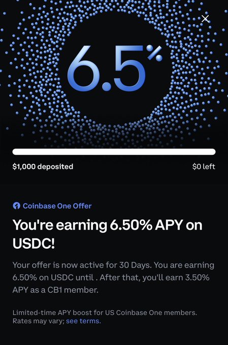 Coinbase One promotional offer screen showing 6.5% APY on USDC, with a progress bar indicating $1,000 deposited and $0 left, active for 30 days before reverting to 3.50% APY for CB1 members.