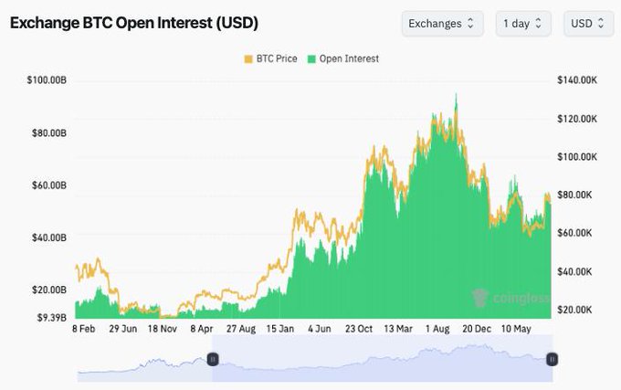 A financial chart titled "Exchange BTC Open Interest (USD)" from coinglass, showing BTC Price (yellow line) and Open Interest (green area) trends from February 2023 to May 2024, with Open Interest peaking around $120-140K USD.