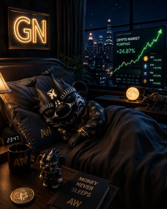 A French Bulldog wearing a horned mask and "AW" pajamas sleeps in a dark, neon-lit bedroom as a glowing screen beside the bed shows the crypto market pumping +24.87%, with BTC +15.23%, ETH +18.73%, SOL +22.61%, and BNB +12.94%, while a neon "GN" sign, a moon lamp, and a book titled "MONEY NEVER SLEEPS" (AW) complete the scene—perfectly illustrating the irony of "GN" (good night) while missing the night's biggest green candles.