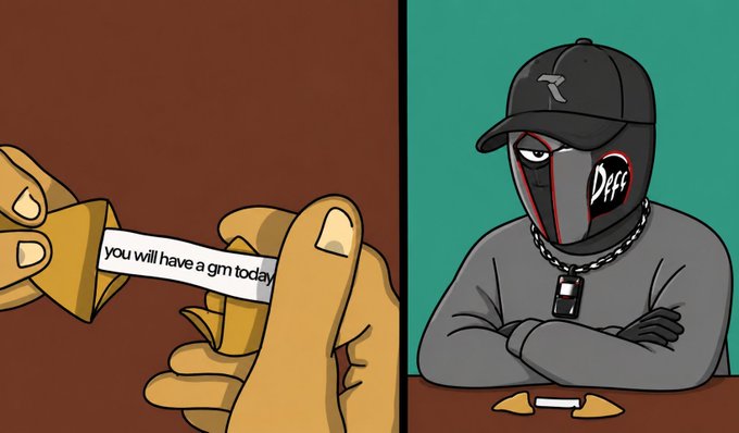 Split cartoon image showing hands opening a fortune cookie reading 'you will have a gm today' on the left, and a hooded character with a 'DeFi' cap sitting at a table with a fortune slip on the right.