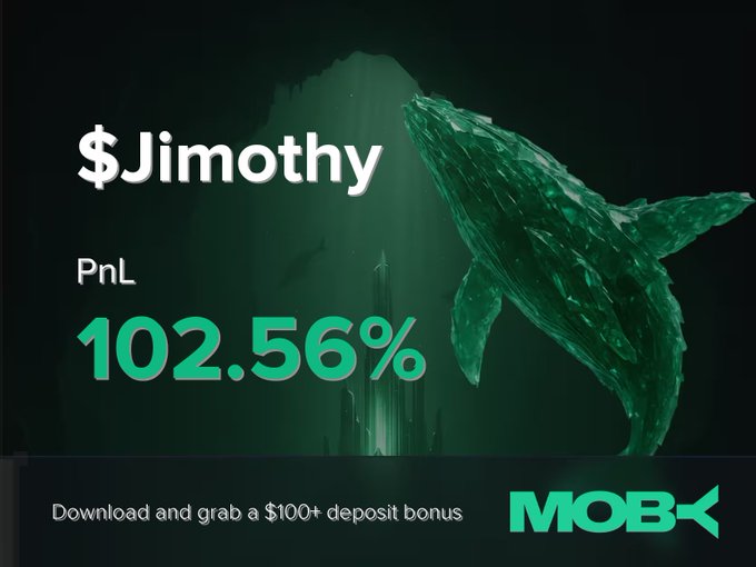 A promotional graphic for Moby Mobile displaying a "Win Alert" with the trader's name "$Jimothy" and a profit/loss figure of "102.56%," accompanied by a stylized green whale illustration and a call-to-action offering a "$100+ deposit bonus." The image visually reinforces the post's announcement of a successful trade with a +102.56% PnL on the $Jimothy token, which has trended upward from $92.15K to $16.22M in market cap.