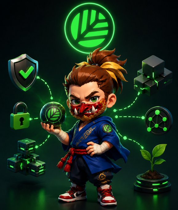 A stylized 3D cartoon character in ninja-style attire surrounded by floating green icons representing security, blockchain, and technology, with a glowing green emblem above.