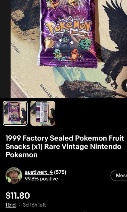 A vintage 1999 Pokémon Fruit Snacks pack listing shows a single bid of $11.80 with 3 days left, illustrating how even nostalgic 90s snack packaging tied to popular franchises retains resale market interest on platforms like eBay.