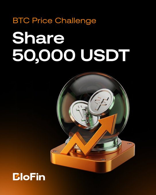 A promotional image for BloFin's "BTC Price Challenge" featuring a crystal ball containing Bitcoin and Tether coins with an upward orange arrow, advertising a prize pool share of 50,000 USDT to participants who complete tasks and compete before the July 6 deadline.