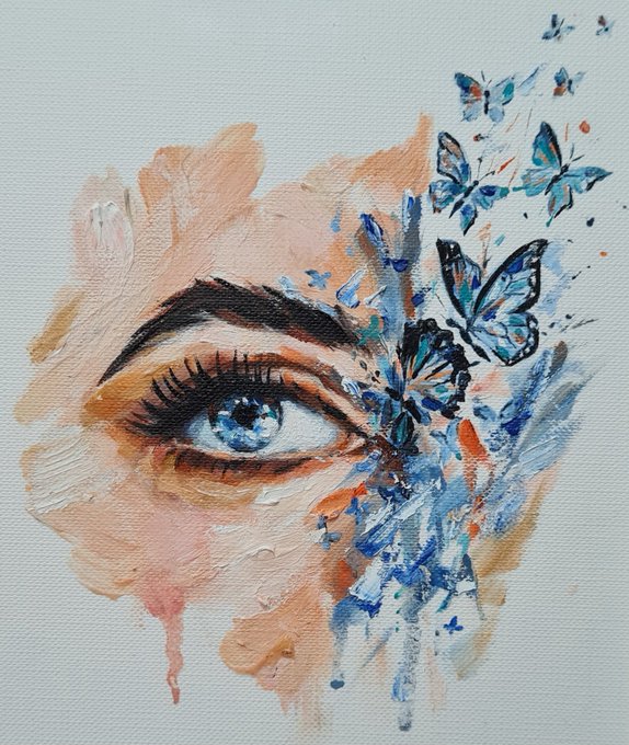 A painting of a human eye with butterflies emerging from and dissolving into the surrounding area in shades of blue and peach.