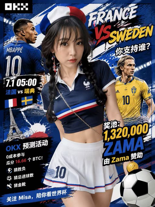 OKX promotional graphic for a France vs Sweden match prediction event on 7.1 at 05:00, featuring Mbappé (#10) and a Swedish player (#10), with a prize pool of 1,320,000 ZAMA sponsored by Zama, hosted by 'Misa'.