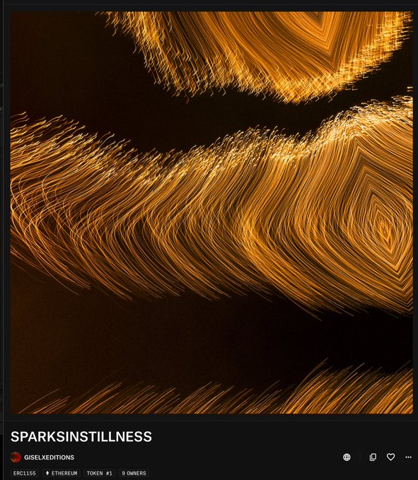 A digital art piece titled 'SPARKSINSTILLNESS' by GISELXEDITIONS, showing swirling golden light trails on a black background, with metadata 'ERC1156, ETHEREUM, TOKEN #1, 9 OWNERS' at the bottom.