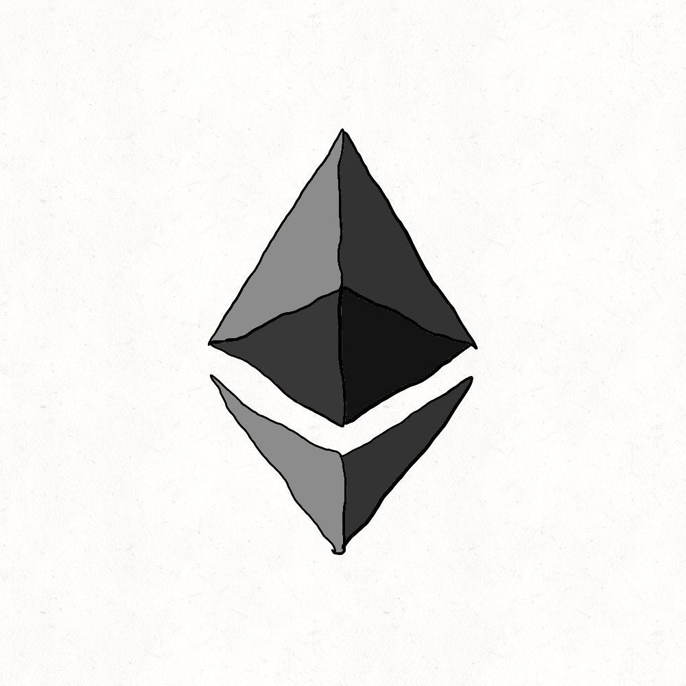 The image features a black and white illustration of an Ethereum symbol, which appears to be a pyramid-like shape. The symbol is positioned centrally against a stark white background. The caption below the image reads "lots of eth is dead, talk, people are failing to see its similarities with the most sophisticated and powerful currency in the entire world." This statement suggests that the Ethereum symbol might not be easily understood or appreciated by everyone due to its association with cryptocurrency and the complex nature of its technology.