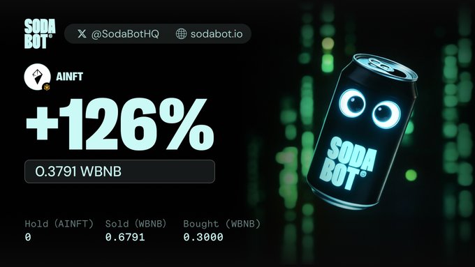 The image features a black soda can with blue eyes, floating in space against a dark background. The text "Soda Bot" is written below the soda can. Below this, there are numbers that read "0.3 BNB on $AINFT by Copy Trading Agent Proof below Txhash: bscscan.com/tx/0xb1d5e02e5 ... Chain: #BSC". The image also includes a social media post with the text "Soda Bot" and an image of a soda can, as well as some numbers that read "0.3 BNB on $AINFT by Copy Trading Agent Proof below Txhash: bscscan.com/tx/0xb1d5e02e5 ... Chain: #BSC".