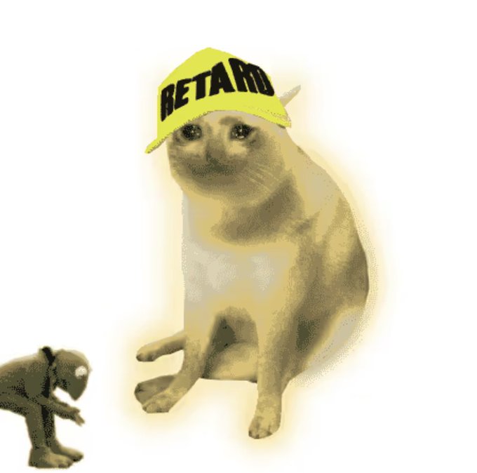 A meme-style illustration shows a cat wearing a yellow beanie with 'RETARD' written on it, with a small hunched cartoon figure beside it.