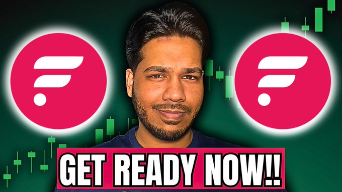 A man stands between two Flare (FLR) cryptocurrency logos with green candlestick chart patterns in the background, and bold text reading "GET READY NOW!!" appears at the bottom, promoting a bullish outlook for FLR.