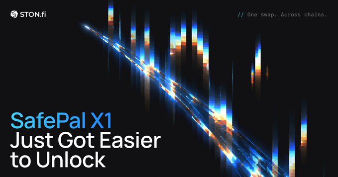 A promotional graphic for STON.fi featuring the text 'SafePal X1 Just Got Easier to Unlock' alongside the tagline 'One swap. Across chains.' over a glitchy, colorful visual effect.