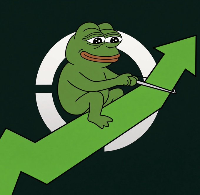 A green Pepe the Frog meme sitting on a large upward-pointing green arrow, pointing forward like a conductor's baton against a dark background.