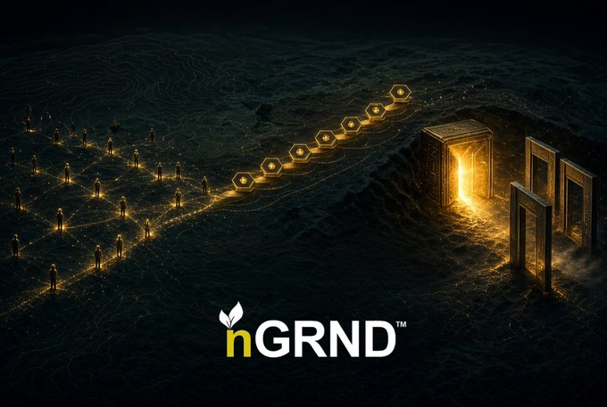 A dark digital art graphic features a glowing network of figures connected by paths to portals and glowing icons, with the logo 'hGRND™' at the bottom.