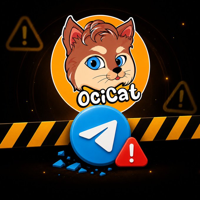 A cartoon cat logo labeled “ocicat” appears above a blue Telegram icon, surrounded by warning symbols and hazard tape, reinforcing the post’s alert that the official Telegram group was taken down by bad actors and that users should beware of fake groups and admins.