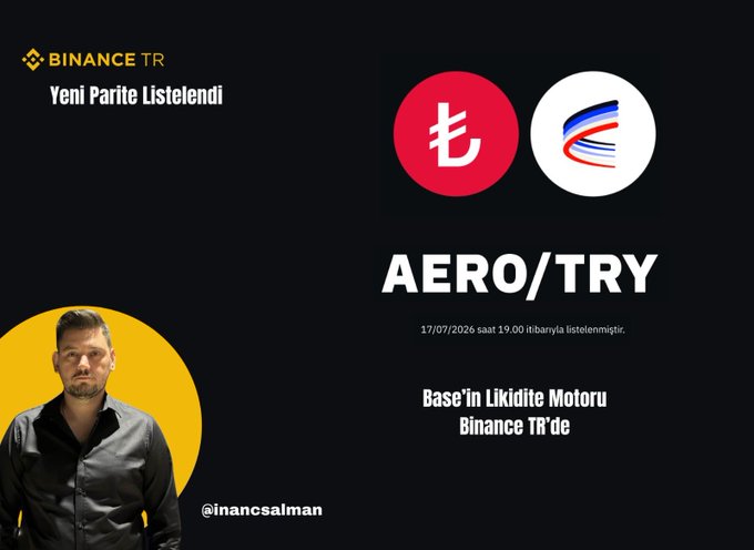 A Binance TR promotional announcement featuring a man in a black shirt on the left, alongside the Aerodrome Finance logo (red circle with "₺" symbol) and Base logo (white circle with blue swoosh) on the right. The image displays "AERO/TRY" prominently, indicating the new trading pair listed on 17/07/2026 at 19:00, with text highlighting Aerodrome as "Base's Liquidity Engine."
