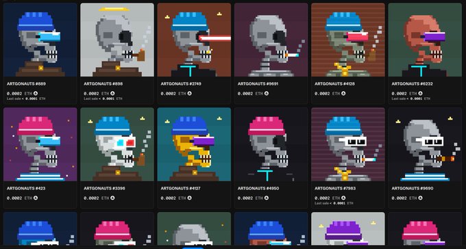 A grid of pixel-art skeleton NFT avatars labeled 'ARTGONAUTS' in various colorful outfits and accessories, all showing a price of 0.0002 ETH.