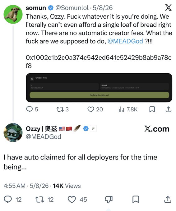 The image shows a Twitter exchange where user @Somunlol complains to @MEADGod about lacking creator fees, posting the contract address 0x1002c1b2c0a374c542ed641e52429b8ab9a78ef8 alongside a screenshot showing "0 OME" earnings and "Nothing to claim yet." MEAD God responds that he has "auto claimed for all deployers for the time being." The accompanying post notes the contract address and that it's currently at 21k, suggesting the project is gaining traction despite the creator fee concerns.