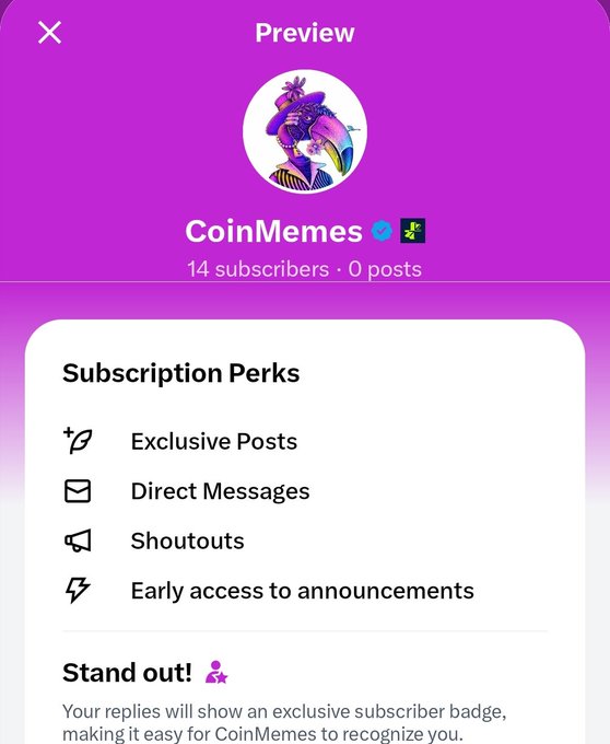 In this image, there's a screenshot of a social media app that features an interface with a purple background. The main focus of the screen is a section labeled "Preview" in white text at the top left corner, which appears to be providing information about a coin or item of interest. Below the "Preview" section, there's another sub-section named "Subscription Privileges". It seems like the app offers various benefits and options for its users, such as exclusive content access, discounts on premium items, and even free minting opportunities. The image does not contain any text about a specific post or user.