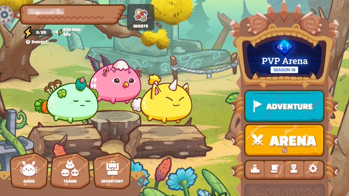 The image shows the main menu of Axie Infinity, featuring three round creature characters ("Axies") including green, pink, and yellow varieties, alongside interface elements like "PVP Arena SEASON 18," "ADVENTURE," "ARENA," "QUESTS," and a timer showing "03H 42M" with "0/20" energy.

The screenshot captures the nostalgic gameplay interface of Axie Infinity's classic era, visually evoking the post's reflection on the game's "biggest era" while prompting players to share what they wish others knew about the game today.