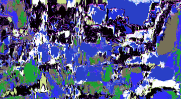 An abstract digital artwork with a glitchy, pixelated texture featuring vertical streaks of blue, black, white, green, and olive colors creating a chaotic visual pattern.