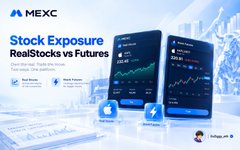 A MEXC advertisement promotes 'Stock Exposure RealStocks vs Futures' with the MEXC logo in the top left corner, and 'mxiex.gm' in the bottom right.