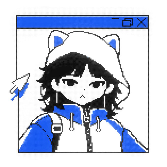 A pixel art illustration of a character with black hair wearing a blue hoodie and a white cat-eared hat, designed within a stylized browser window interface.