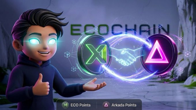Promotional image for 'ECOCHAIN' featuring a stylized character with glowing eyes giving a thumbs up, with a handshake between ECO Points and Arkada Points logos.