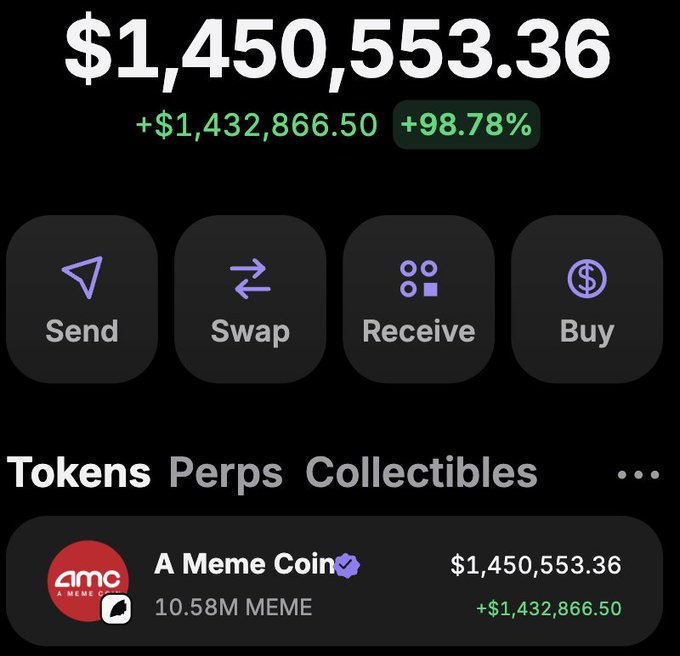 A screenshot of a cryptocurrency wallet displays a balance of $1,450,553.36, showing a gain of +$1,432,866.50 (+98.78%), with holdings of 10.58M "A Meme Coin" (ticker $MEME) listed under the Tokens tab, supporting the post's claim of earning millions from the $MEME token while offering a giveaway of 100,000 tokens (~$15,000) to those who retweet and follow.