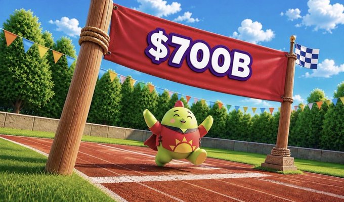 A cartoon turtle in a red cape triumphantly crosses a finish line on a running track, framed by a red banner reading "$700B" and festive bunting, symbolizing the massive projected value of the global wellness industry. The image visually reinforces the post's message about the lucrative sleep and health data economy and $SLEEP's mission to redirect value back to data creators.